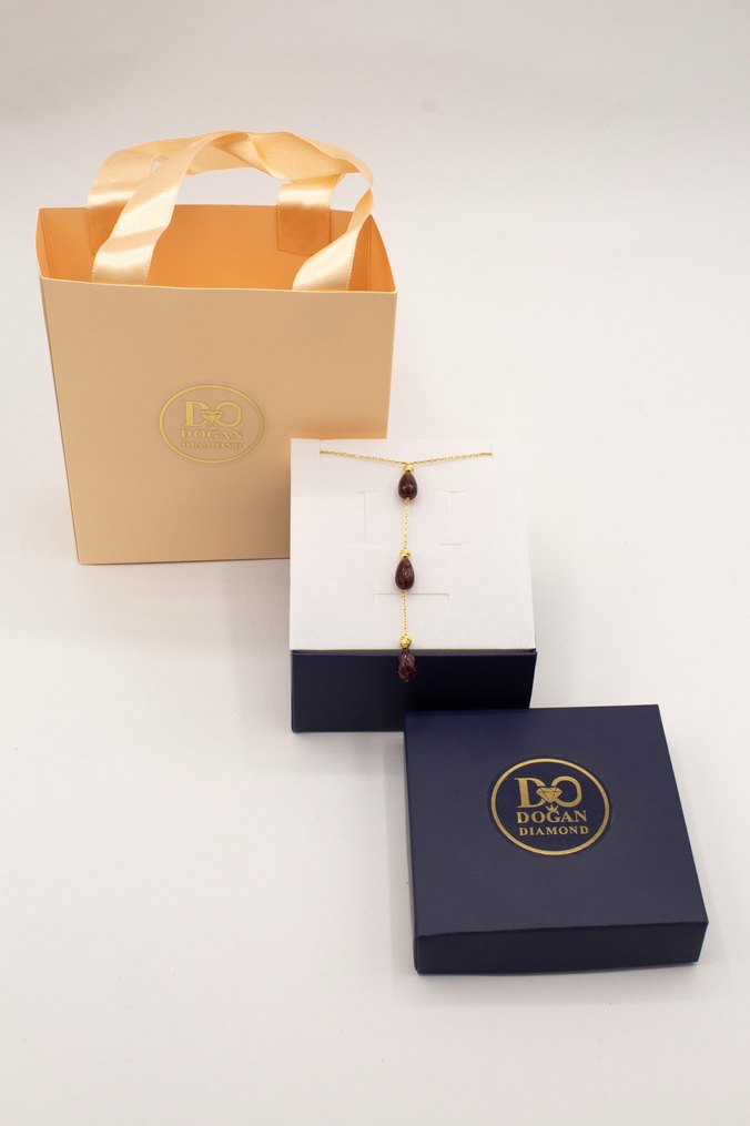 925 Ayar Gümüş Altın Kaplama 7 Ct Granat Taş Sallantılı Kolye - Görsel 5