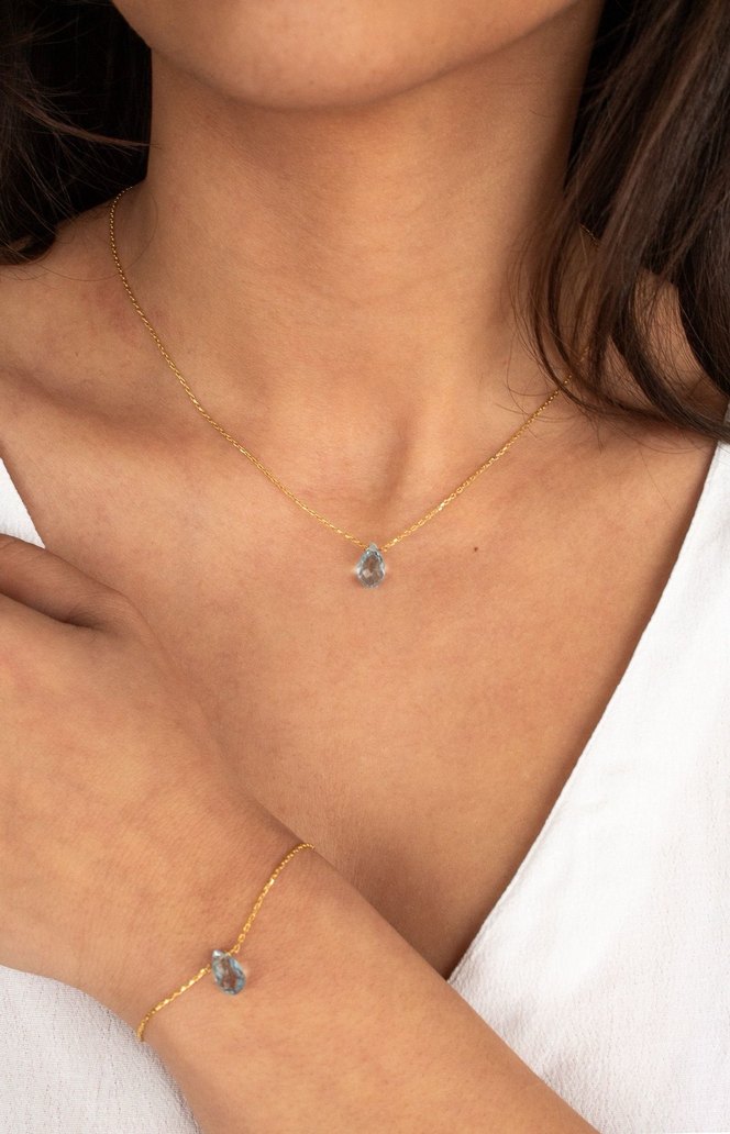 925 Ayar Gümüş Altın Kaplama 6 Ct Mavi Topaz Set - Görsel 2