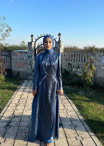 Mavi Drapeli Uzun Abiye Elbise - Görsel 10