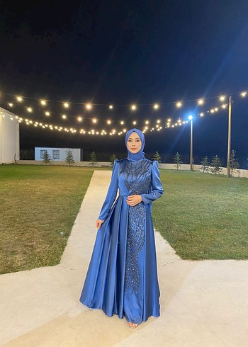 Mavi Drapeli Uzun Abiye Elbise - Görsel 14