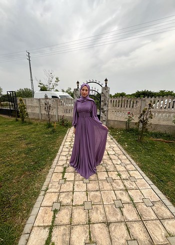 Uzun Mor Bohem Drapeli Abiye Elbise