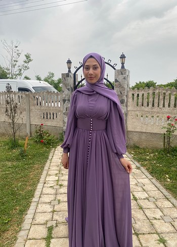 Uzun Mor Bohem Drapeli Abiye Elbise - Görsel 5