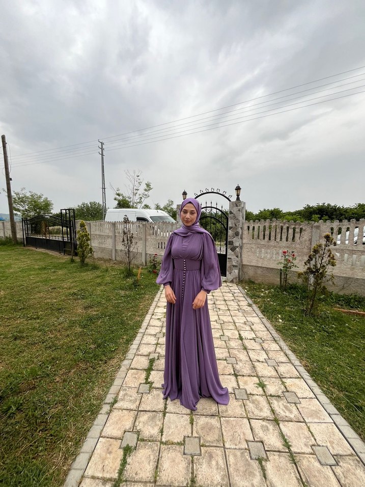 Uzun Mor Bohem Drapeli Abiye Elbise - Görsel 4