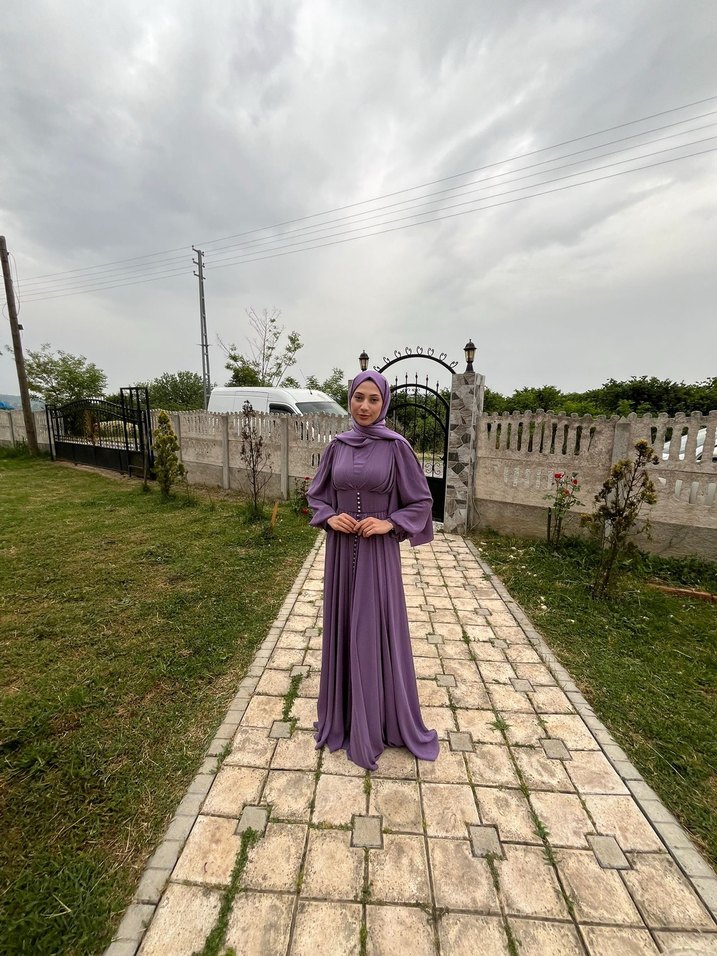 Uzun Mor Bohem Drapeli Abiye Elbise - Görsel 2