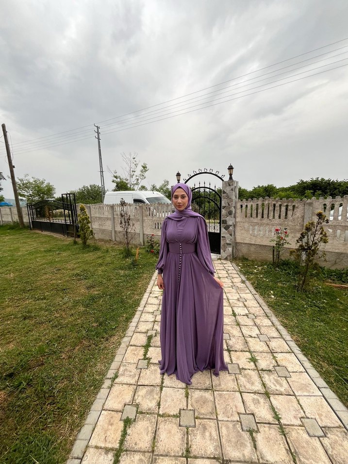 Uzun Mor Bohem Drapeli Abiye Elbise - Görsel 3
