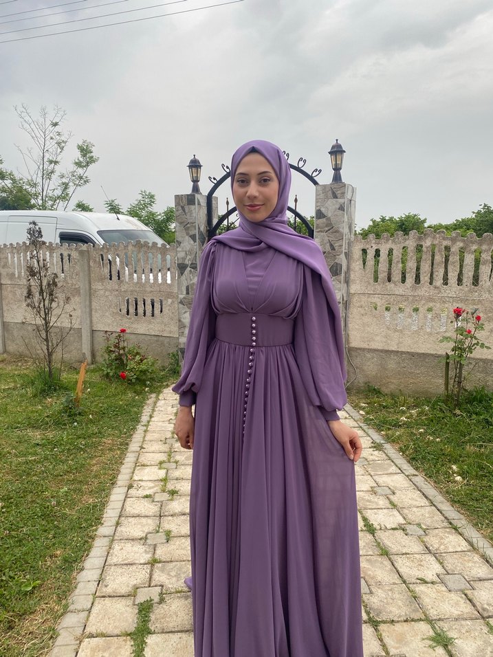 Uzun Mor Bohem Drapeli Abiye Elbise - Görsel 5