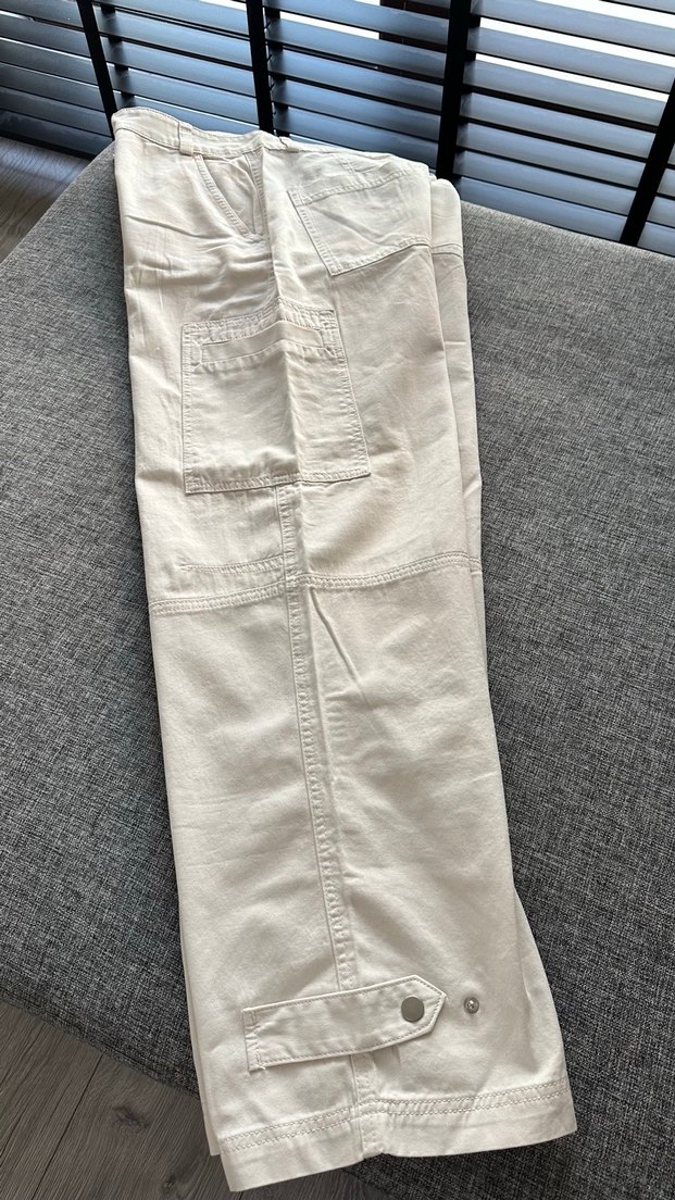 H&M kırıkbeyaz Kadın Pamuklu Midi Rahat Kesim Pantolon - Görsel 4