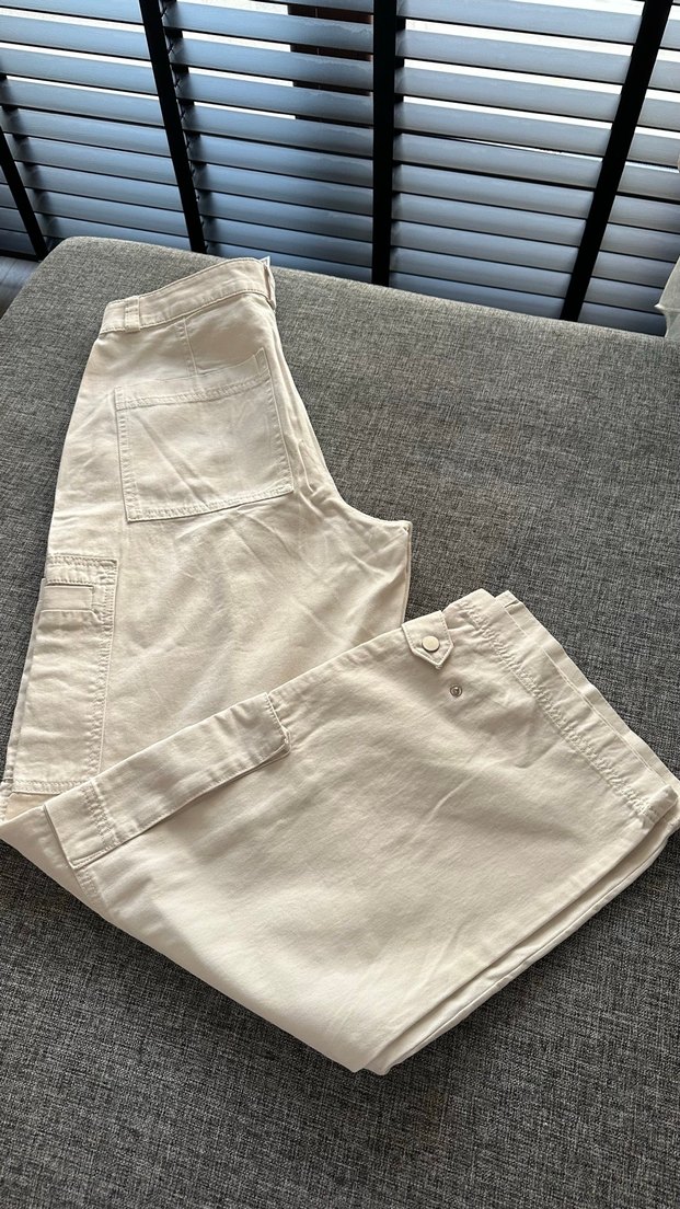 H&M kırıkbeyaz Kadın Pamuklu Midi Rahat Kesim Pantolon - Görsel 5