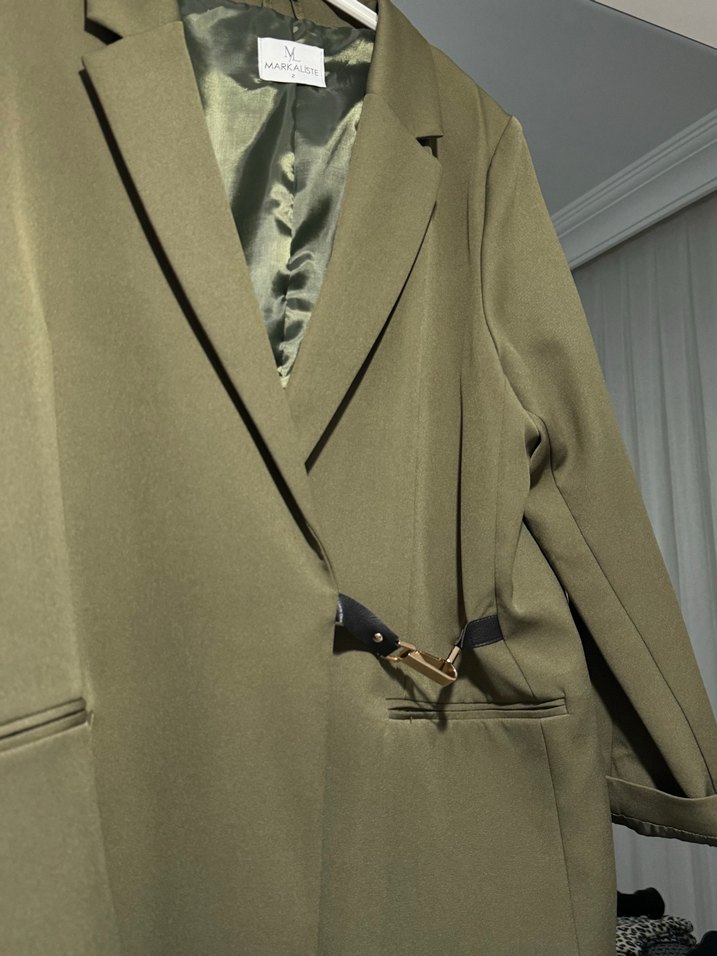 Haki Tokalı Kadın Oversize Blazer Ceket - Görsel 3