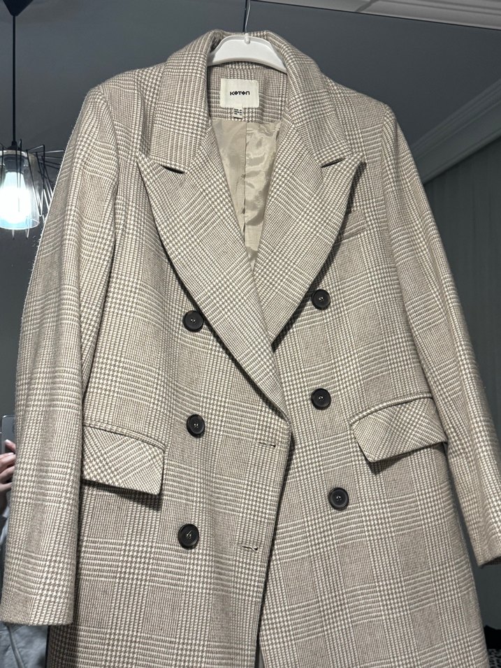 Kadın Bej Ekose Uzun Düğmeli Kaban - Görsel 3