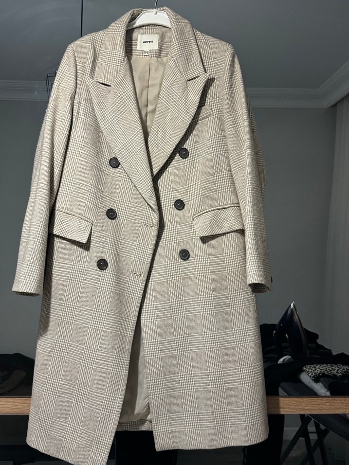 Kadın Bej Ekose Uzun Düğmeli Kaban - Görsel 5