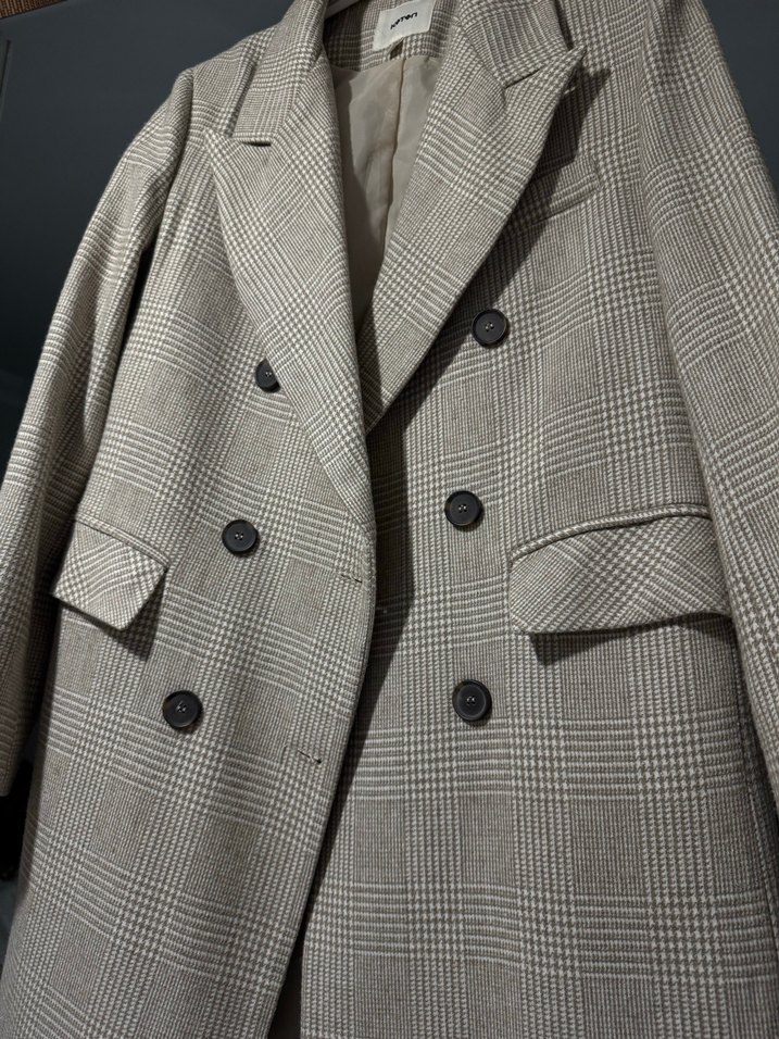 Kadın Bej Ekose Uzun Düğmeli Kaban - Görsel 2