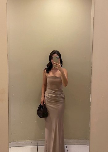 Bej Straplez Uzun Balenli Kadın Abiye - Görsel 2