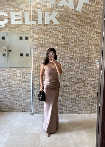 Bej Straplez Uzun Balenli Kadın Abiye - Görsel 3