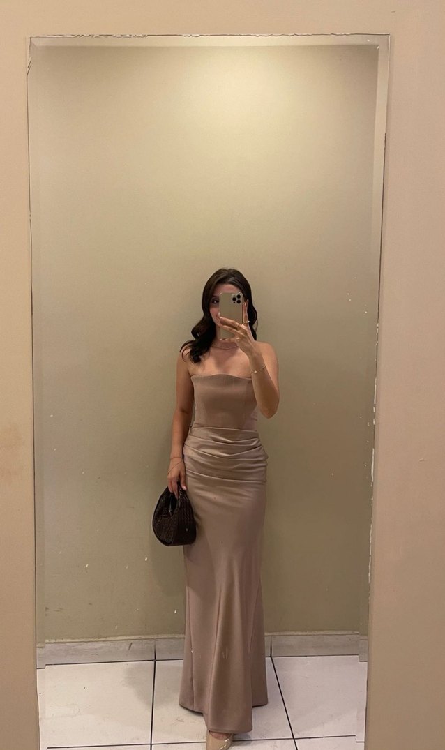 Bej Straplez Uzun Balenli Kadın Abiye - Görsel 2