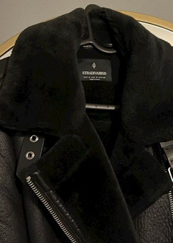 Kürk Detaylı Siyah Deri Biker Ceket mont - Görsel 2