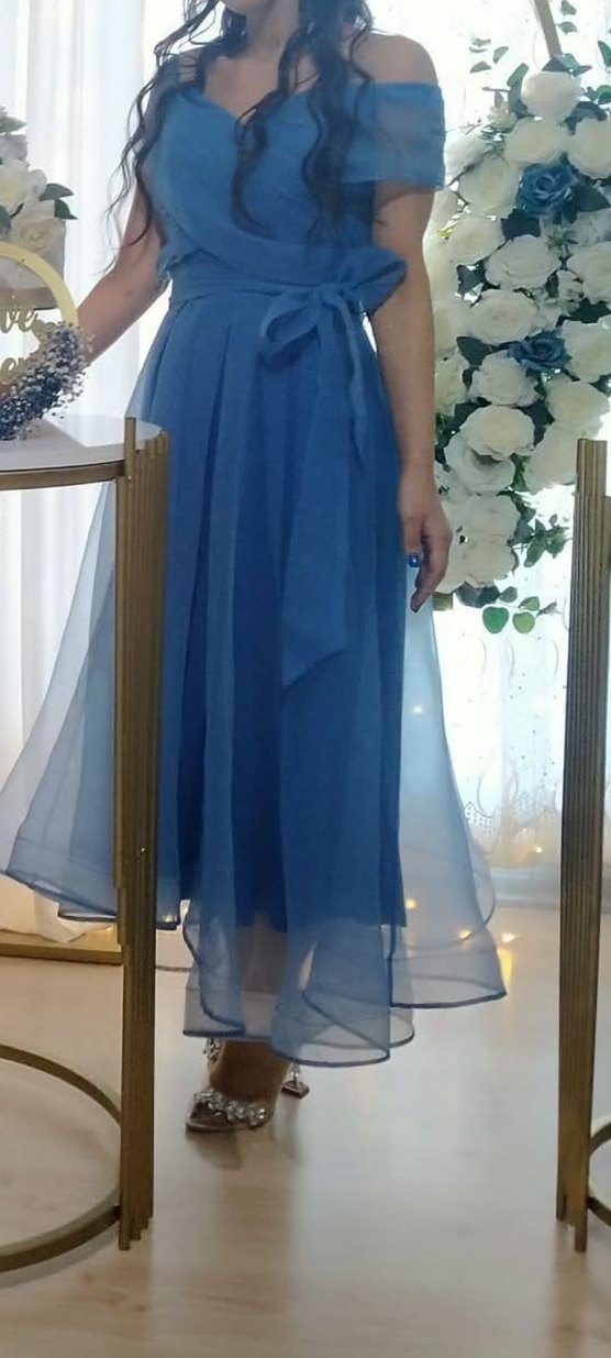 Mavi Uzun Askılı Drapeli Abiye Elbise - Görsel 3
