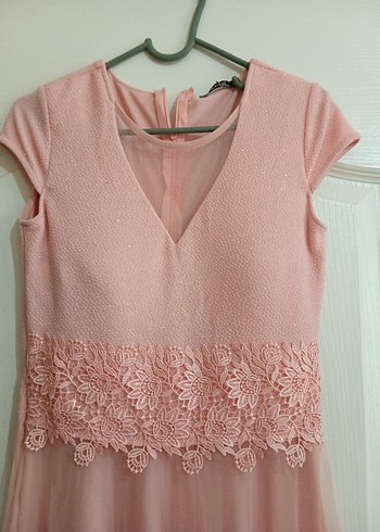 Dantel Detaylı Pembe Uzun Abiye Elbise - Görsel 2