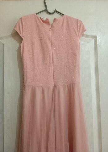 Dantel Detaylı Pembe Uzun Abiye Elbise - Görsel 3