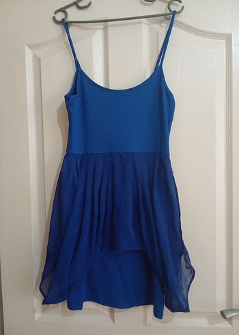 Mavi V Yakalı Drapeli Midi Abiye Elbise - Görsel 4