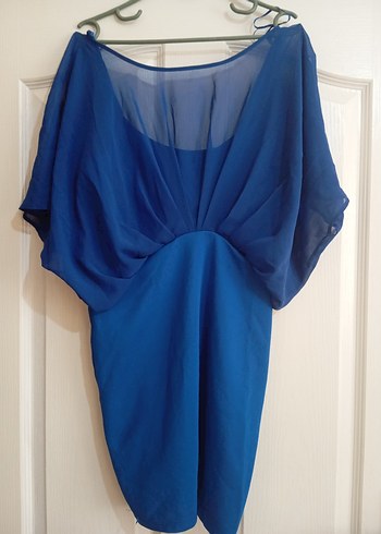 Mavi V Yakalı Drapeli Midi Abiye Elbise - Görsel 2