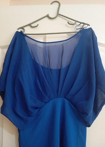 Mavi V Yakalı Drapeli Midi Abiye Elbise - Görsel 3