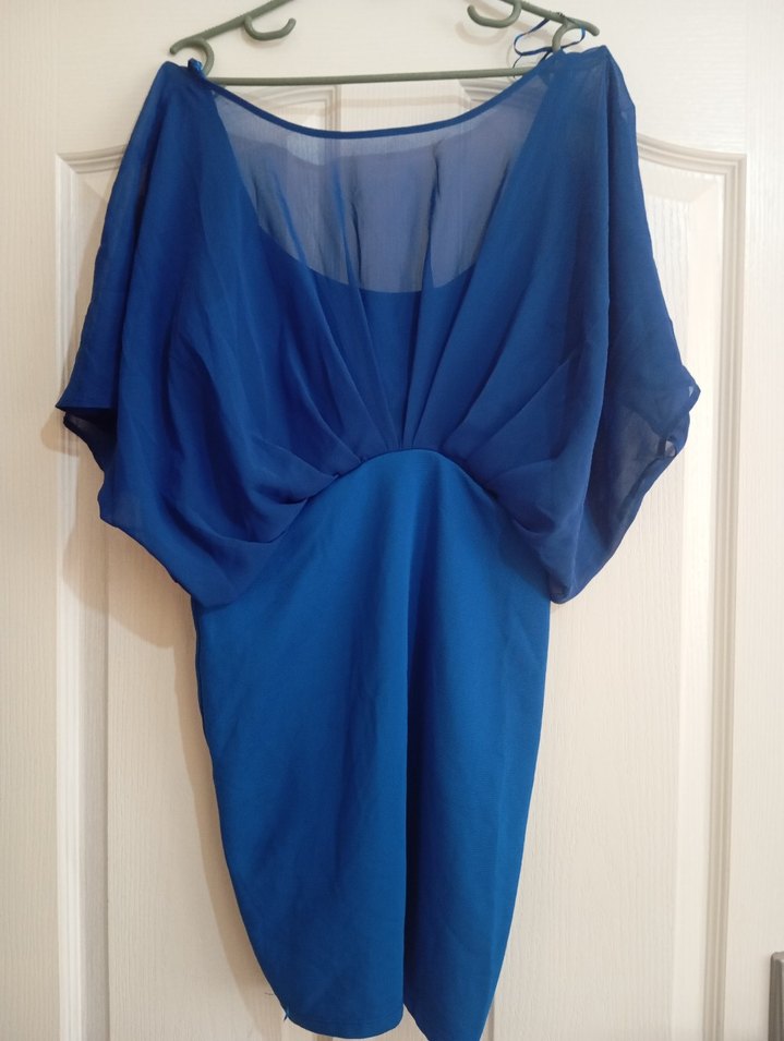 Mavi V Yakalı Drapeli Midi Abiye Elbise - Görsel 2