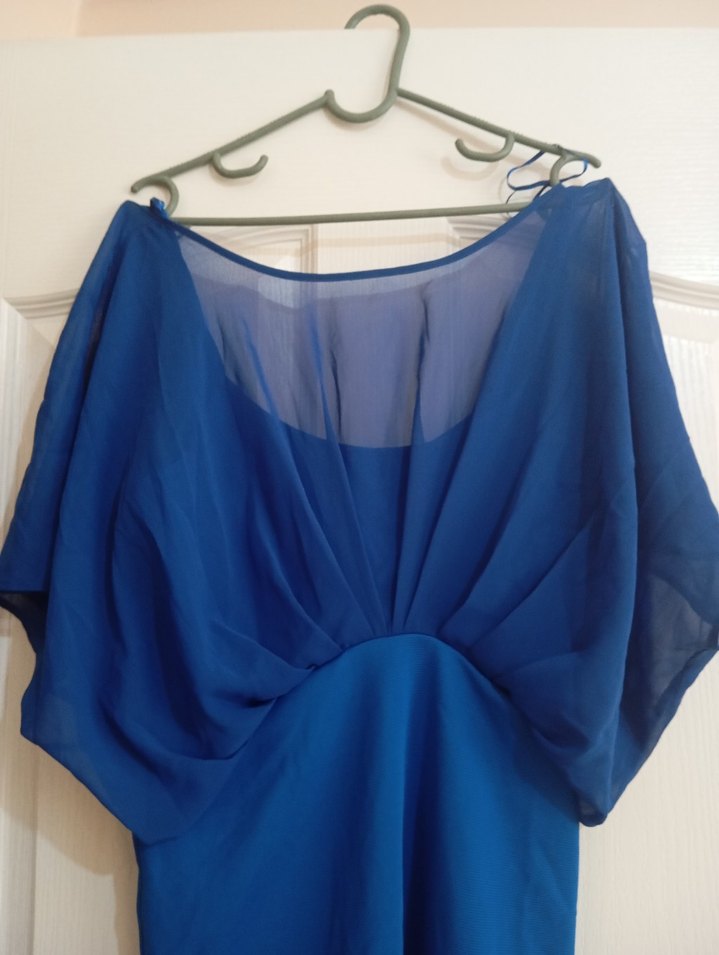 Mavi V Yakalı Drapeli Midi Abiye Elbise - Görsel 3