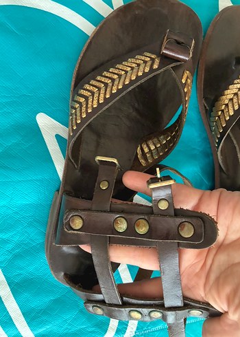 Kahverengi Gold Hakiki Deri Kısa Gladyatör Sandalet (Handmade) - Görsel 2