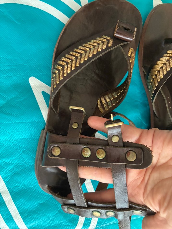 Kahverengi Gold Hakiki Deri Kısa Gladyatör Sandalet (Handmade) - Görsel 2