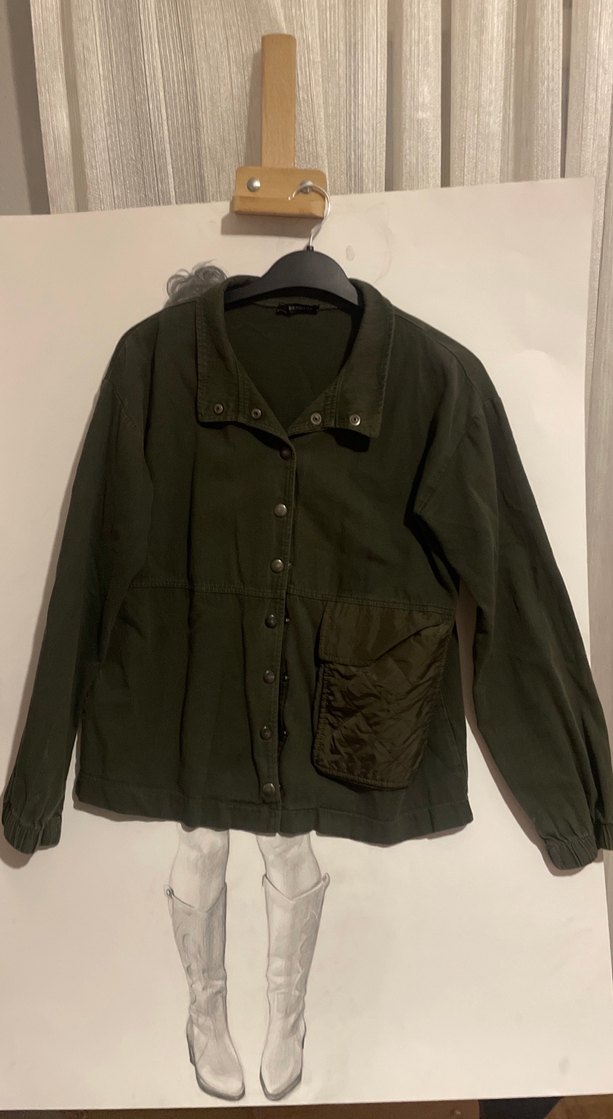 Düğmeli, Salaş Kesim Haki Kadın Ceket - Görsel 3