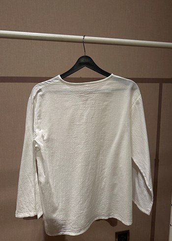 Kadın Beyaz Keten V Yaka Uzun Kollu Gömlek - Görsel 2