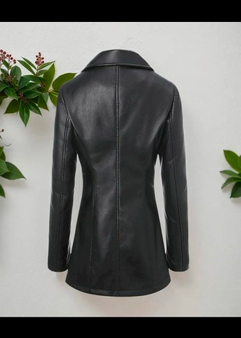 Kadın Siyah Uzun suni Deri Ceket - Görsel 2