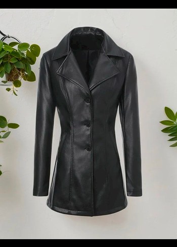 Kadın Siyah Uzun suni Deri Ceket - Görsel 3