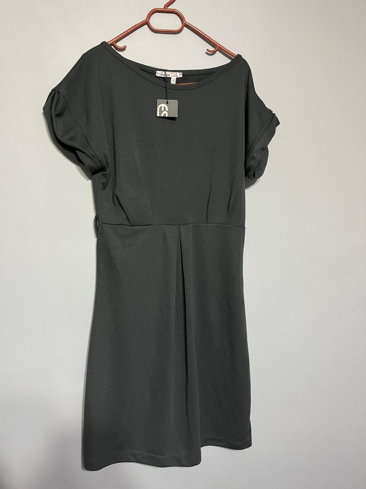 Gri V Yaka Kemerli Midi Elbise - Görsel 2