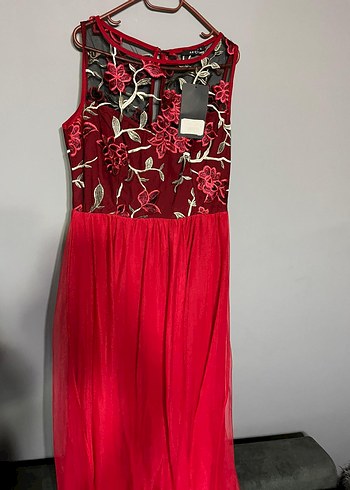 Bordo Nakışlı Dantel Detaylı Uzun Abiye Elbise - Görsel 2