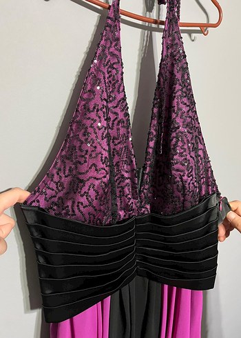 Mor Siyah Askılı Midi Abiye Elbise - Görsel 2