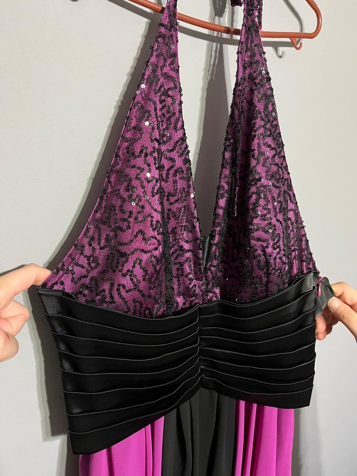 Mor Siyah Askılı Midi Abiye Elbise - Görsel 2