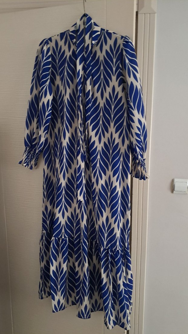 Mavi Yaprak Desenli Uzun Bohem Elbise - Görsel 2