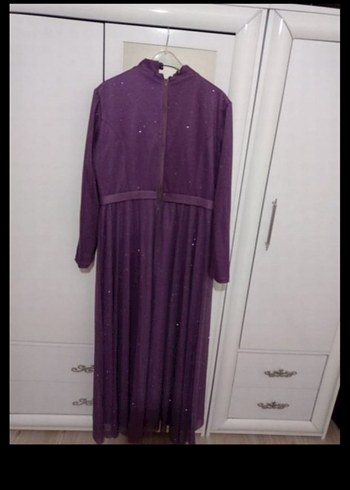 Mor Uzun Kollu Drapeli Kadın Abiye Elbise - Görsel 3