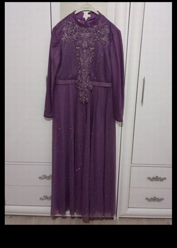 Mor Uzun Kollu Drapeli Kadın Abiye Elbise - Görsel 2