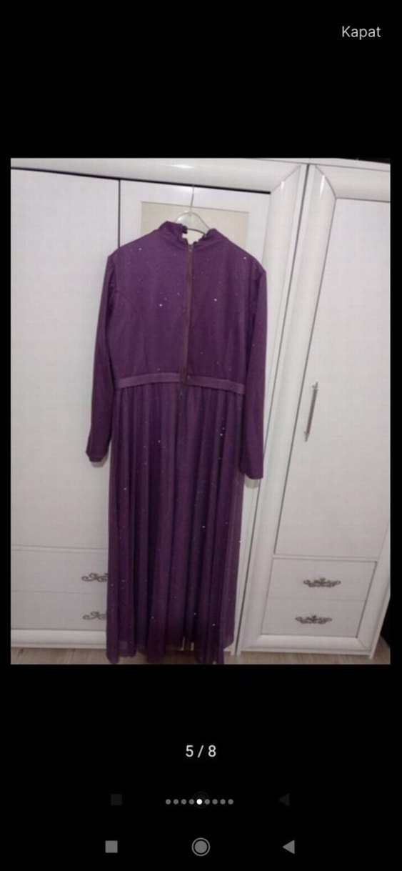 Mor Uzun Kollu Drapeli Kadın Abiye Elbise - Görsel 3
