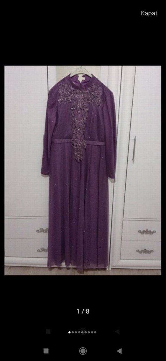 Mor Uzun Kollu Drapeli Kadın Abiye Elbise - Görsel 2