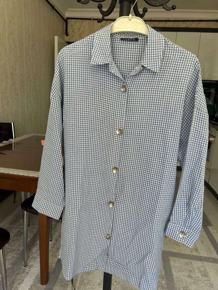 Gri Pamuklu Uzun Kollu Düğmeli Kadın Gömlek - Görsel 5