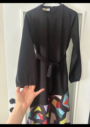 Uzun Kol, Yüksek Yakalı Çok Renkli Kadın Elbise - Görsel 2