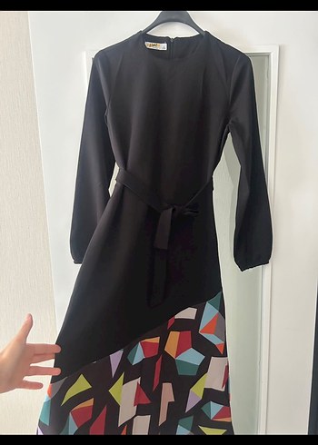 Uzun Kol, Yüksek Yakalı Çok Renkli Kadın Elbise - Görsel 3