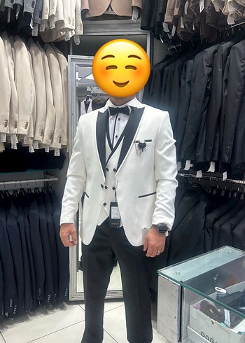 Beyaz Notch Yaka Düğmeli Erkek Takım Elbise - Görsel 3