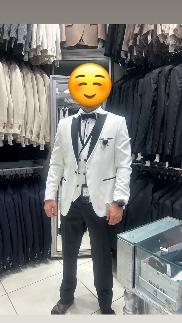 Beyaz Notch Yaka Düğmeli Erkek Takım Elbise - Görsel 3