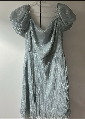 Gri Pliseli Midi Straplez Abiye Elbise - Görsel 3