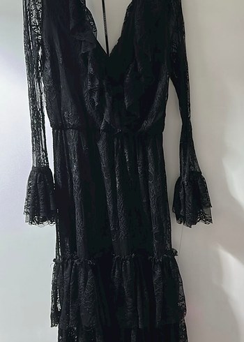 Dantel Detaylı Siyah Uzun Gotik Elbise - Görsel 2